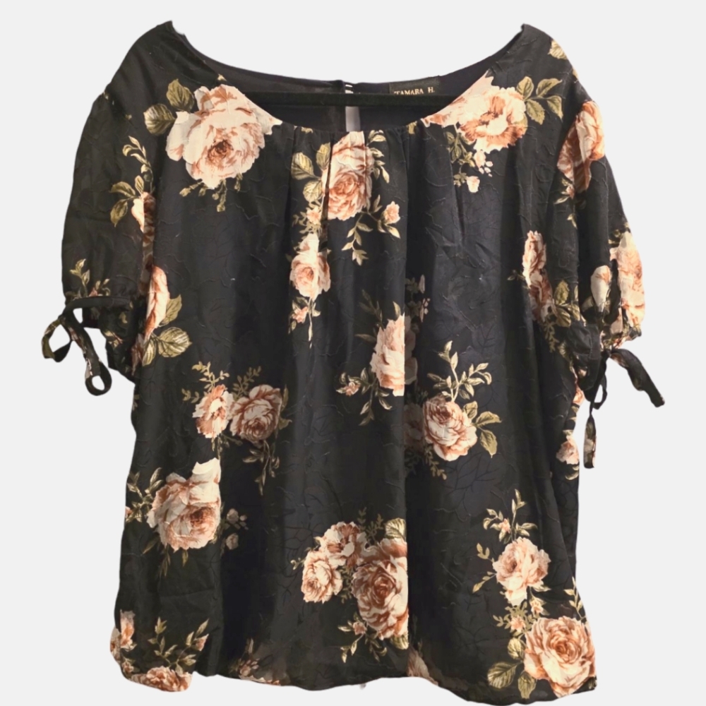 Tamara H Navy Floral Semi Sheer Lined Peasant Style Short Sl. Blouse Plus Sz 2X
